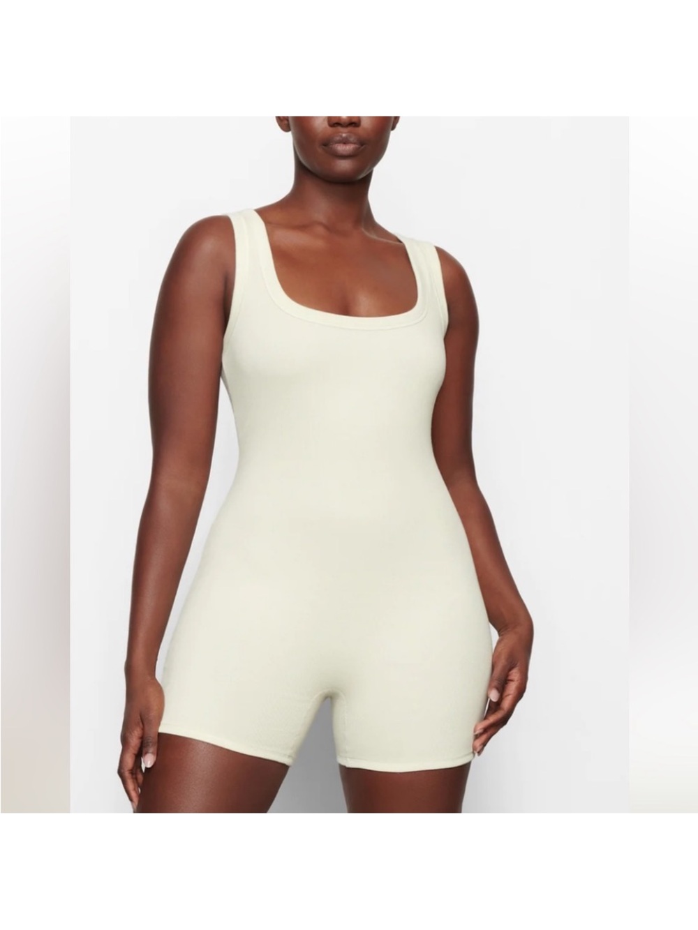 Ribbed Scoop-Neck Sleeveless Romper - Cream